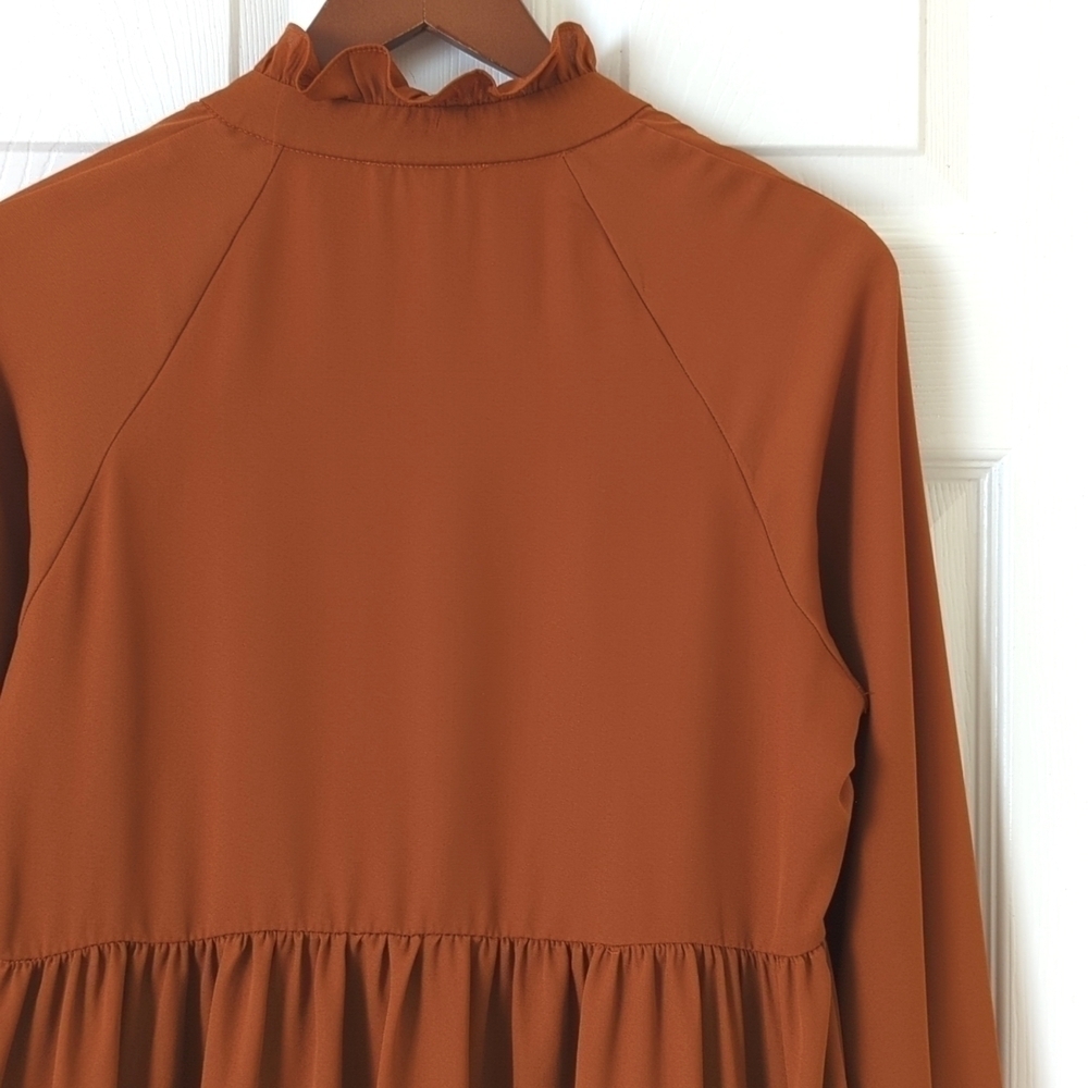 Sam and Jess Ruffle Tiered Long Sleeve V-neck Mini Babydoll Swing Dress Rust S - Picture 13 of 13